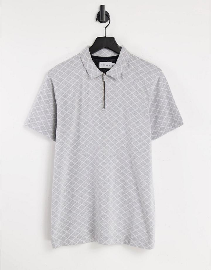 Topman Classic Fit Polo With Diamon Design In Gray-grey