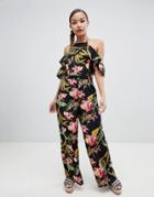 Qed London Halter Neck Wide Leg Jumpsuit In Tropical Print - Black