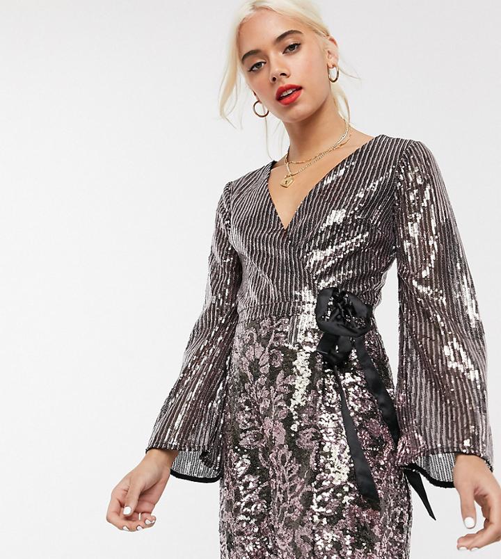 Miss Selfridge Petite Embellished Wrap Dress In Silver-black
