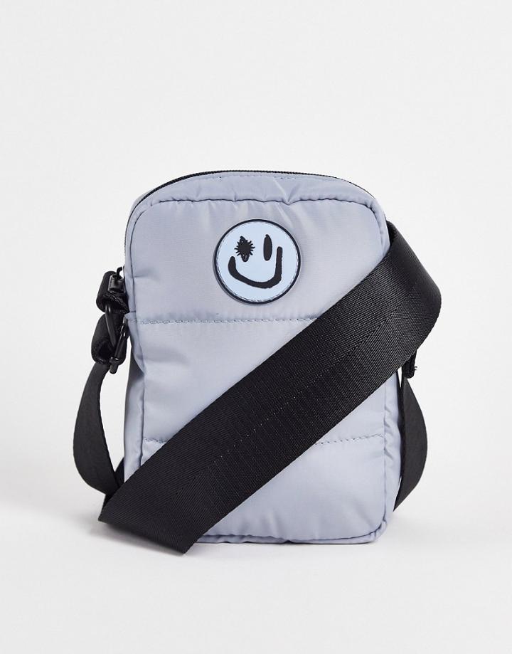 Asos Design Padded Cross Body Bag With Smile Badge In Gray