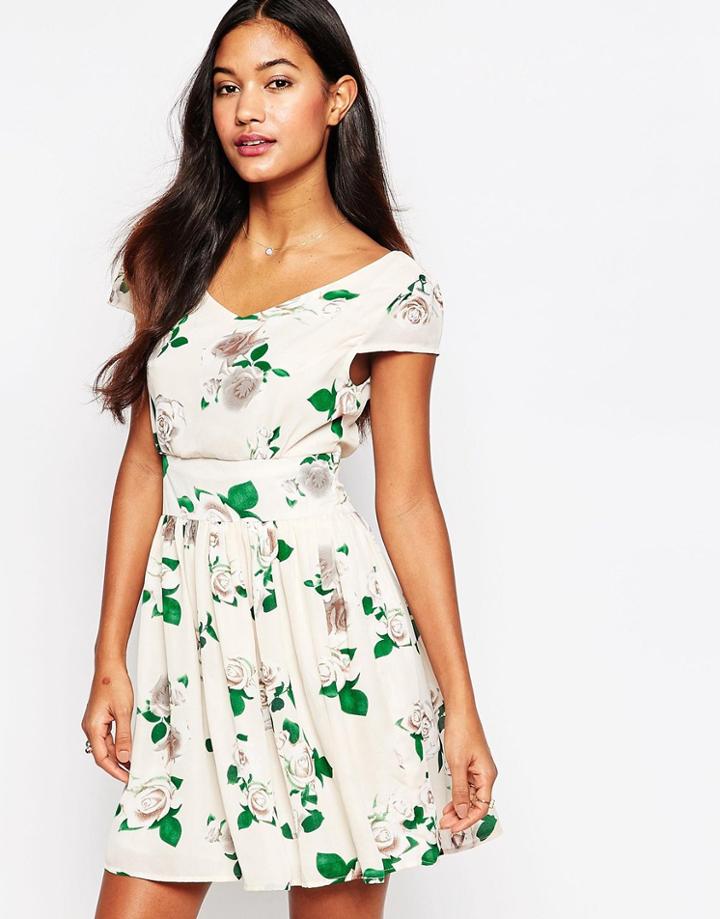 Iska Rose Print Dress With Cap Sleeves - Cream