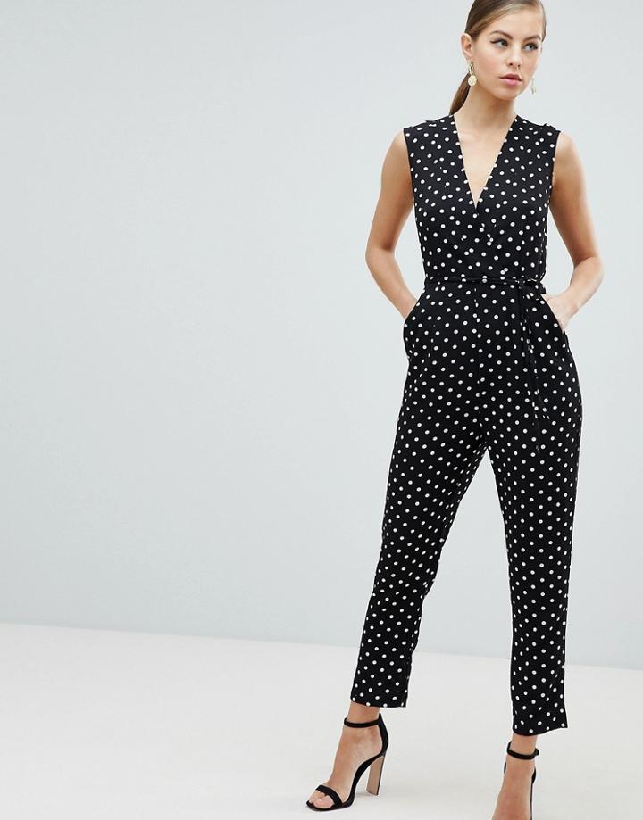 Ax Paris Wrap Front Polka Dot Jumpsuit - Black