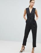 Ax Paris Wrap Front Polka Dot Jumpsuit - Black