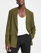 Reclaimed Vintage Inspired Pinstripe Blazer In Olive-green