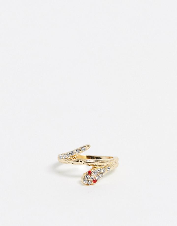 Asos Design Thumb Ring In Snake Design With Crystal In Gold Tone