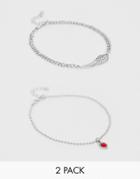 Asos Design Pack Of 2 Anklets With Wing And Red Crystal Pendant In Silver Tone - Silver
