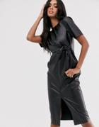 Asos Design Leather Look Tie Side Midi Pencil Dress-black