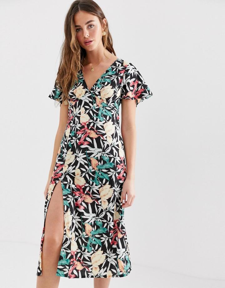 Brave Soul Midi Dress With Thigh Split In Black Floral