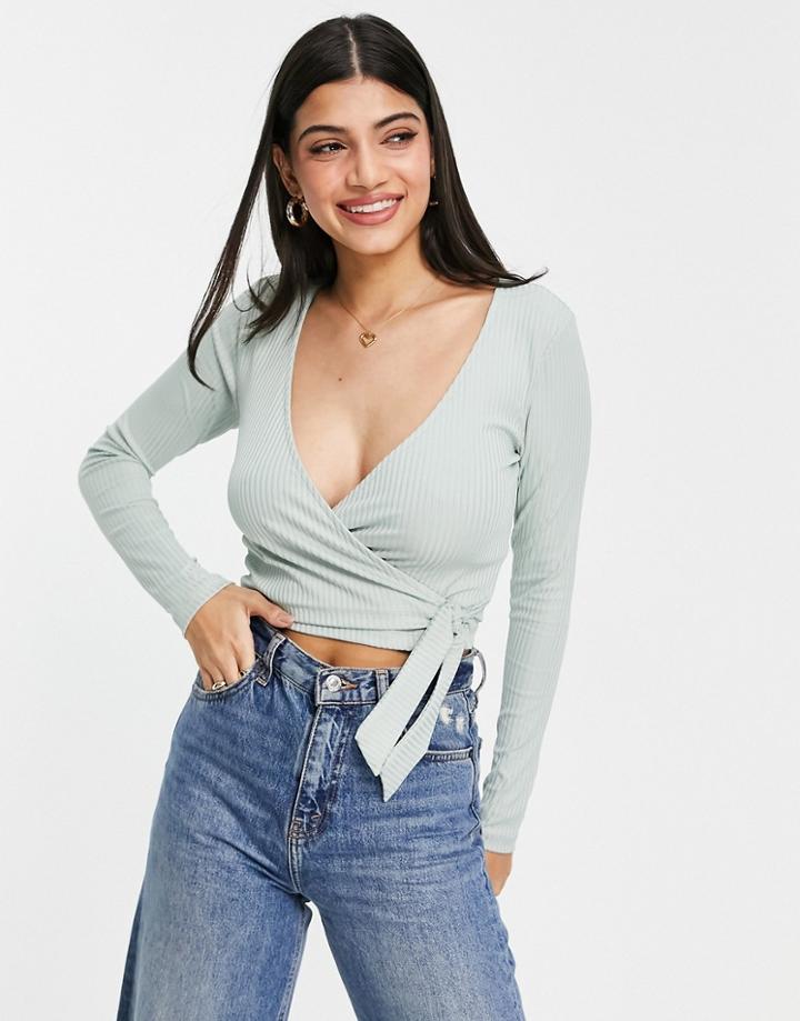 Pieces Flora Long Sleeve Wrap Crop Top In Aqua Gray-grey
