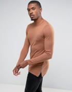 Asos Muscle Fit Longline Sweater With Side Zips In Tan - Brown