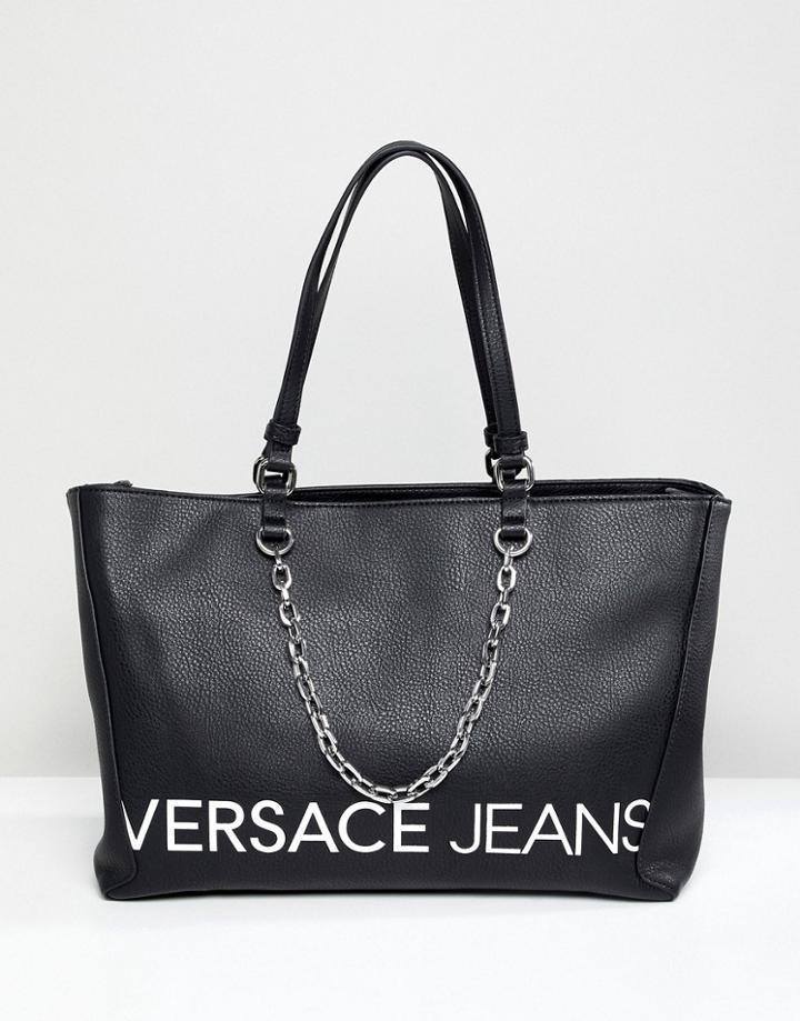 Versace Jeans Contrast Logo Tote Bag With Internal Pockets - Black
