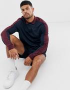 Asos Design Organic Long Sleeve Polo Shirt With Contrast Shoulder Panel In Navy - Navy