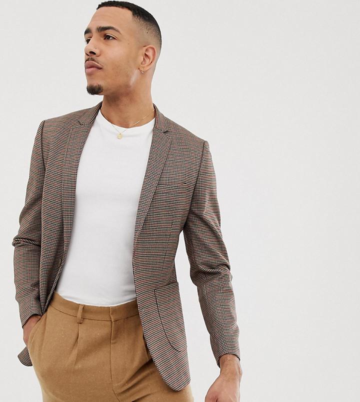 Asos Design Tall Skinny Blazer In Brown Micro Check