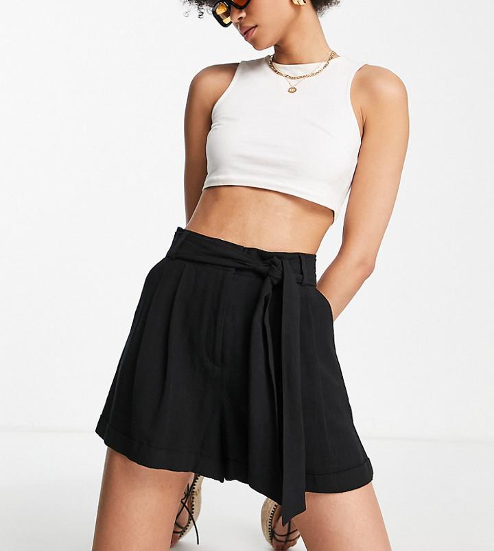 Asos Design Tall Linen Tie Waist Shorts In Black