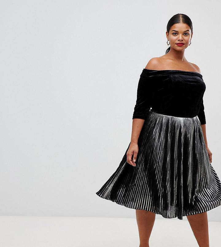 Lovedrobe Velvet Bardot Dress With Metallic Pleated Skirt - Silver