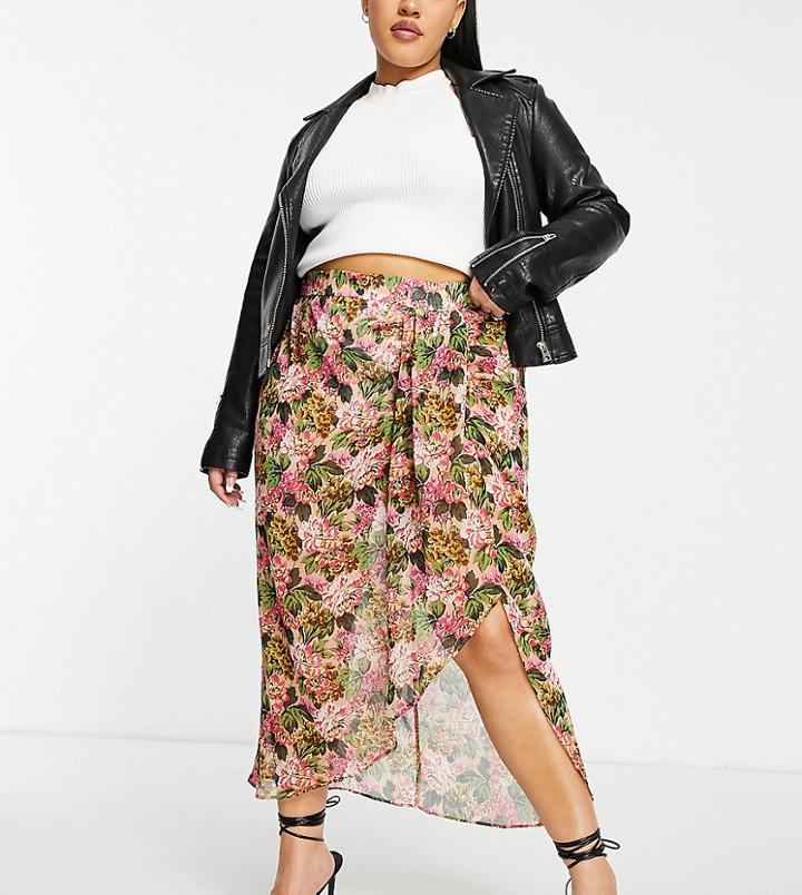 River Island Plus Floral Twist Midi Skirt In Cream-white