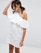 Asos One Shoulder Ruffle Front Shift Dress - White