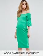 Asos Maternity Off Shoulder Bell Sleeve Dress - Green