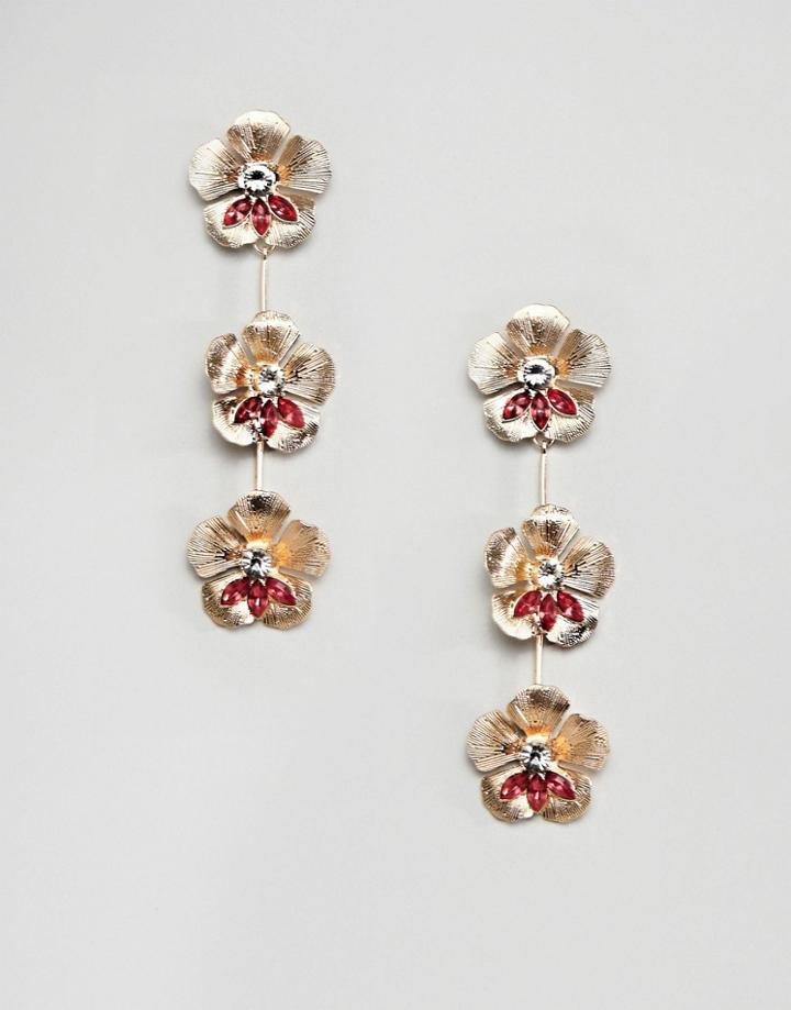 Asos Design Earrings In Floral Drop Design With Crystals In Gold - Gold