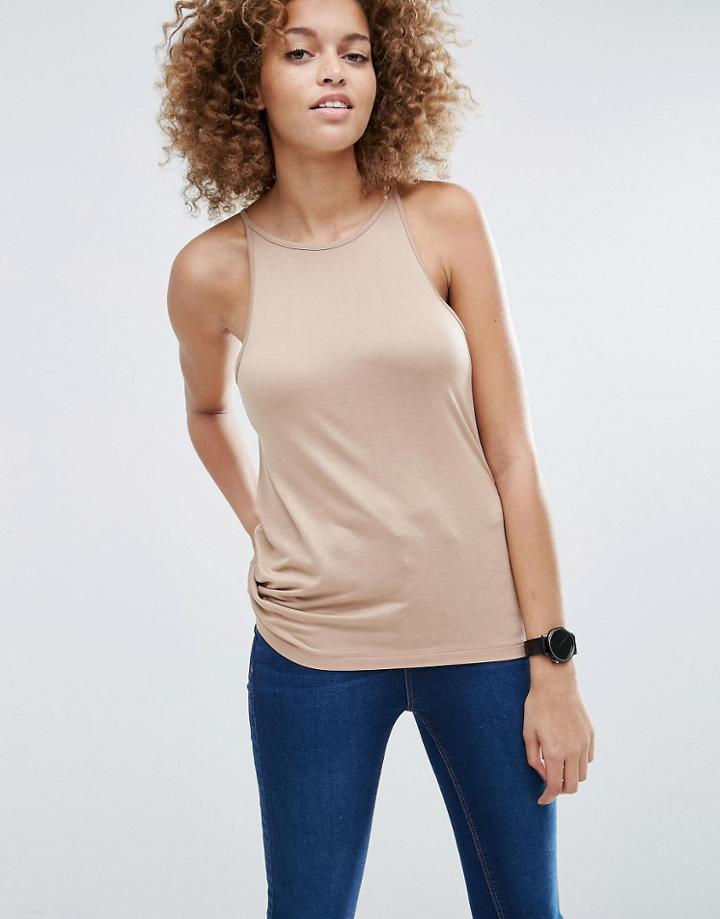 Asos High Neck Swing Cami In Lightweight Jersey - Tan