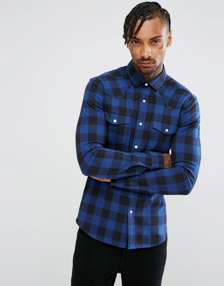 Asos Skinny Western Buffalo Plaid Shirt - Navy