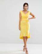 City Goddess Wrap Front Peplum Midi Dress - Yellow