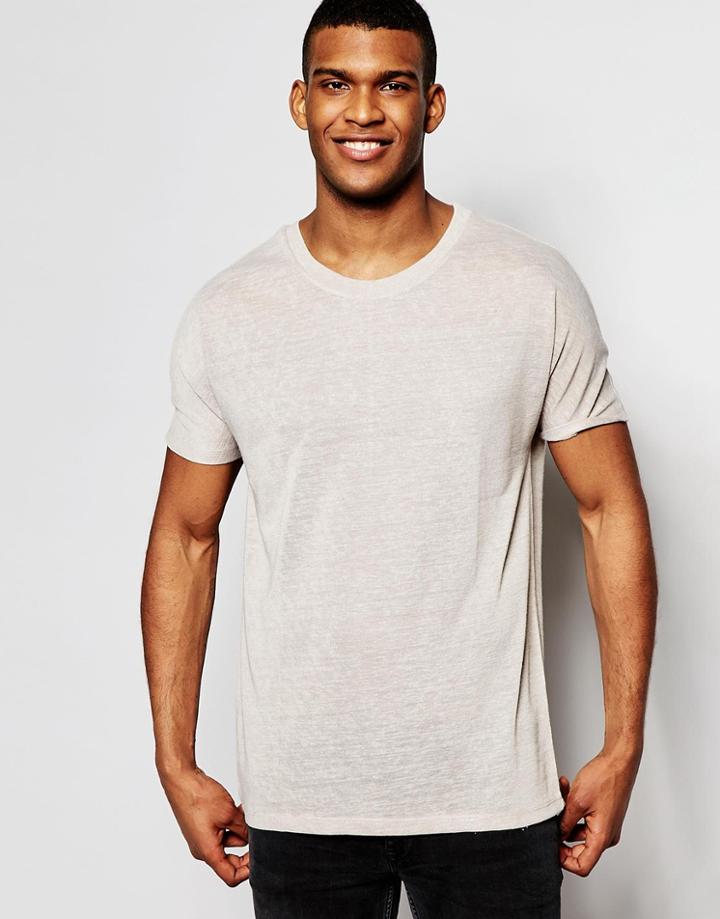 Asos Longline T-shirt In Linen Look With Scoop Neck In Beige - Stormy Weather