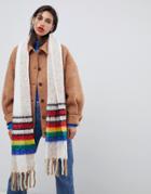 Asos Design Oversized Long Fluffy Check Scarf With Rainbow Border - Brown
