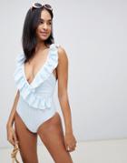 Lost Ink Gingham Frill Swimsuit - Blue