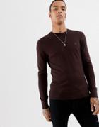 Allsaints 100% Merino Crew Neck Sweater In Oxblood Red With Ramskull Logo - Gray