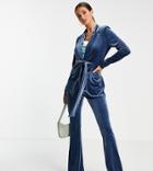 Asos Design Tall Velvet Suit Blazer With Obi Tie In Blue-blues