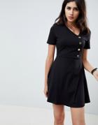 Asos Design Mini Skater Dress With Button Front - Black