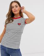 Brave Soul Stripe Ringer T-shirt With Heart Embroidery - Black
