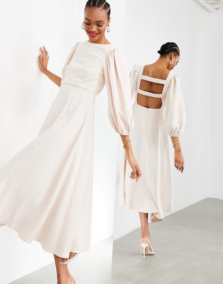 Asos Edition Full Skirt Midi Dress With Ruched Strap Back In Seashell-pink