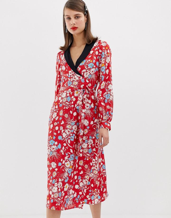 Asos Design Midi Dress With Long Sleeves In Floral Jacquard Print-multi