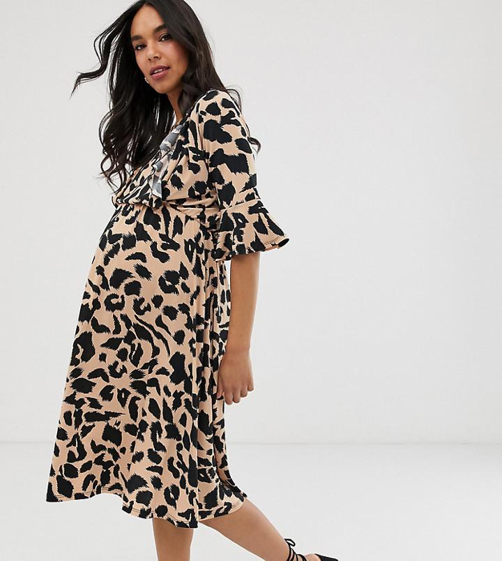 Asos Design Maternity Nursing Midi Dress In Leopard Print-multi