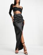 First Distraction The Label Satin Midi Skirt With Slit In Black