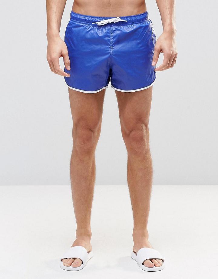 Asos Runner Swim Shorts In Wet Look Blue - Blue