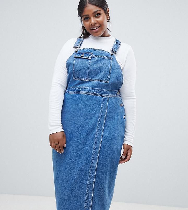 Asos Design Curve Denim Midi Overall Dress In Midwash Blue