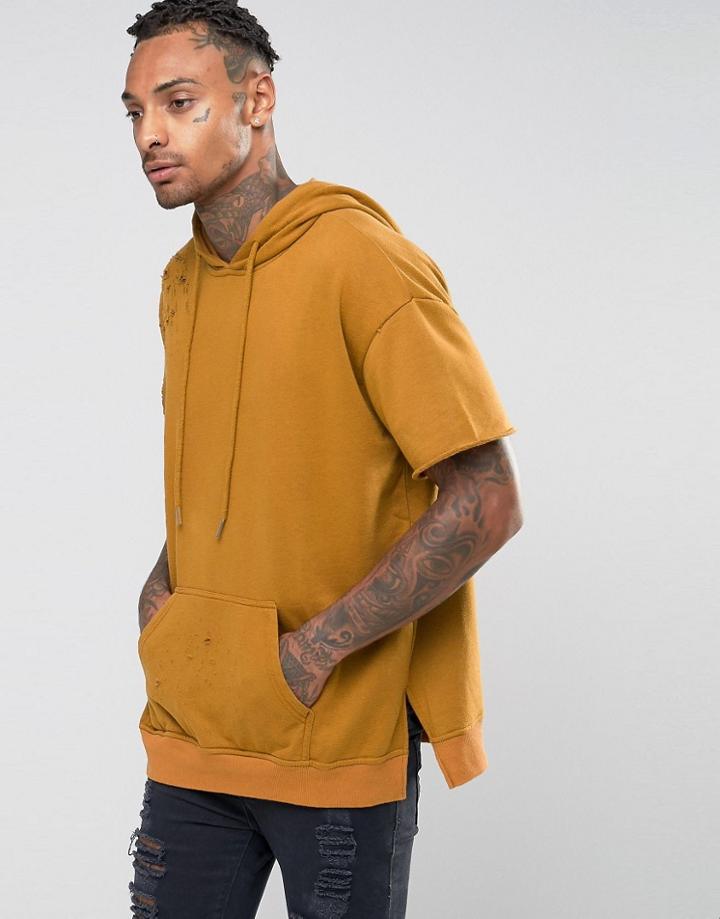 Sixth June Distressed Hoodie With Short Sleeves - Tan