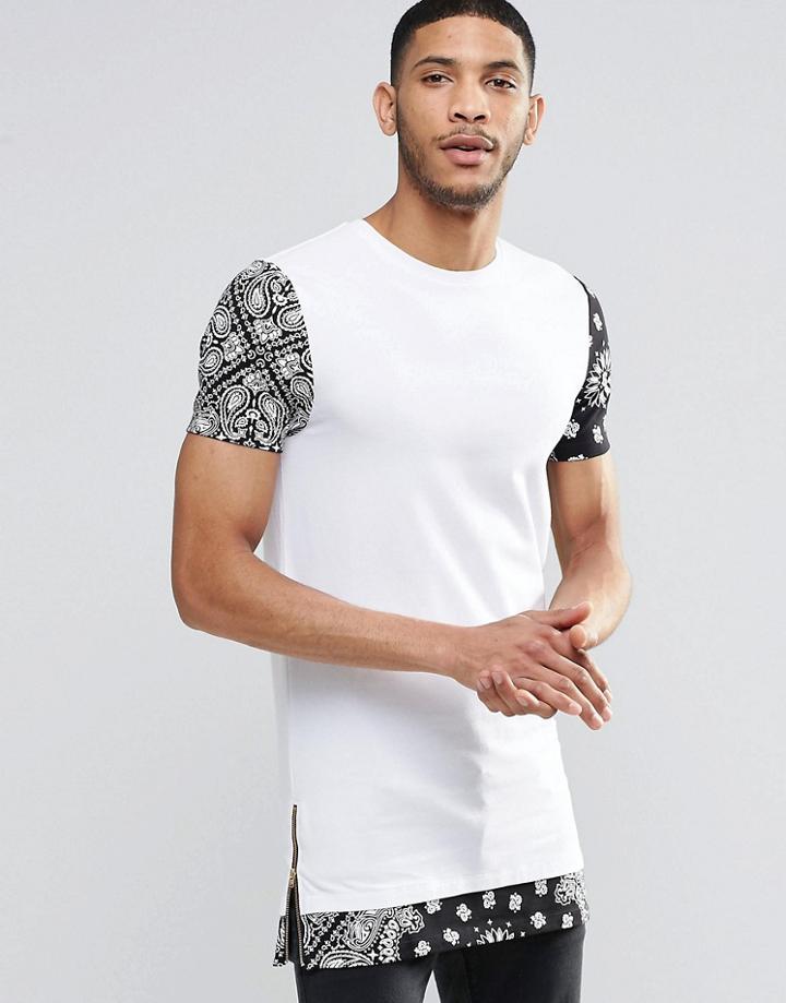 Asos Longline Muscle T-shirt With Bandana Print Sleeves In White - White