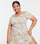 Asos Design Curve Short Sleeve Mini Tea Dress With Lace Trim In Bright Floral-multi