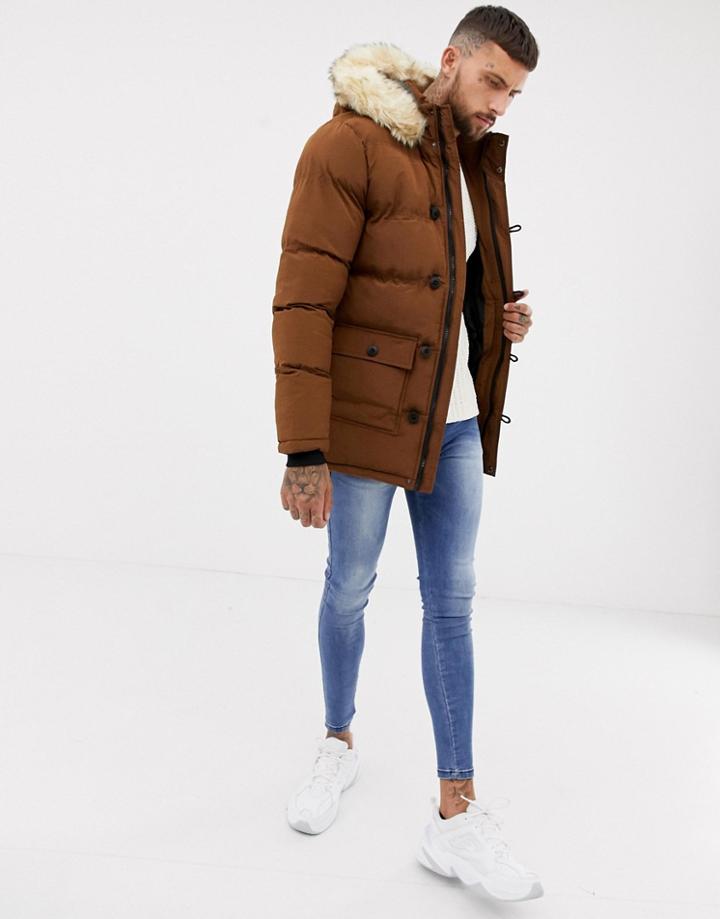 Siksilk Parka Jacket With Fur Hood In Brown - Brown