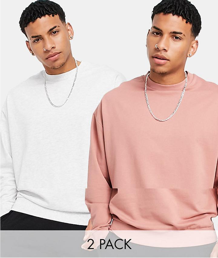 Asos Design Organic Oversized Lightweight Sweatshirt 2 Pack In Pink/ White