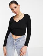 Asos Design Long Sleeve Top With Notch Neck In Rib In Black Heather