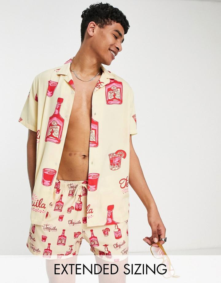 Asos Design Relaxed Revere Shirt With Tequila Print - Part Of A Set-white