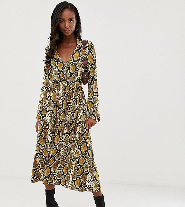 Asos Design Tall Midi Skater Shirt Dress With Belt In Snake Print - Multi