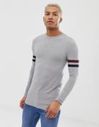 Asos Design Muscle Fit Longline Long Sleeve T-shirt With Stretch And Contrast Sleeve Stripe In Gray Marl