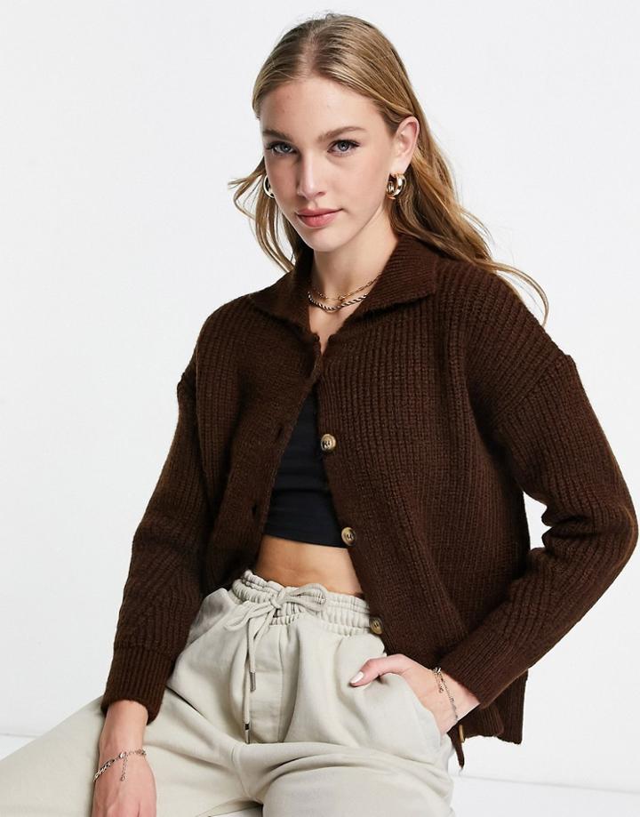Topshop Knit Button Collar Cardigan In Chocolate-brown