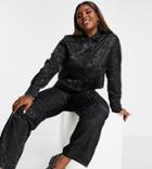 Collusion Plus Satin Shirt With Nipped Waist In Branded Jacquard-black
